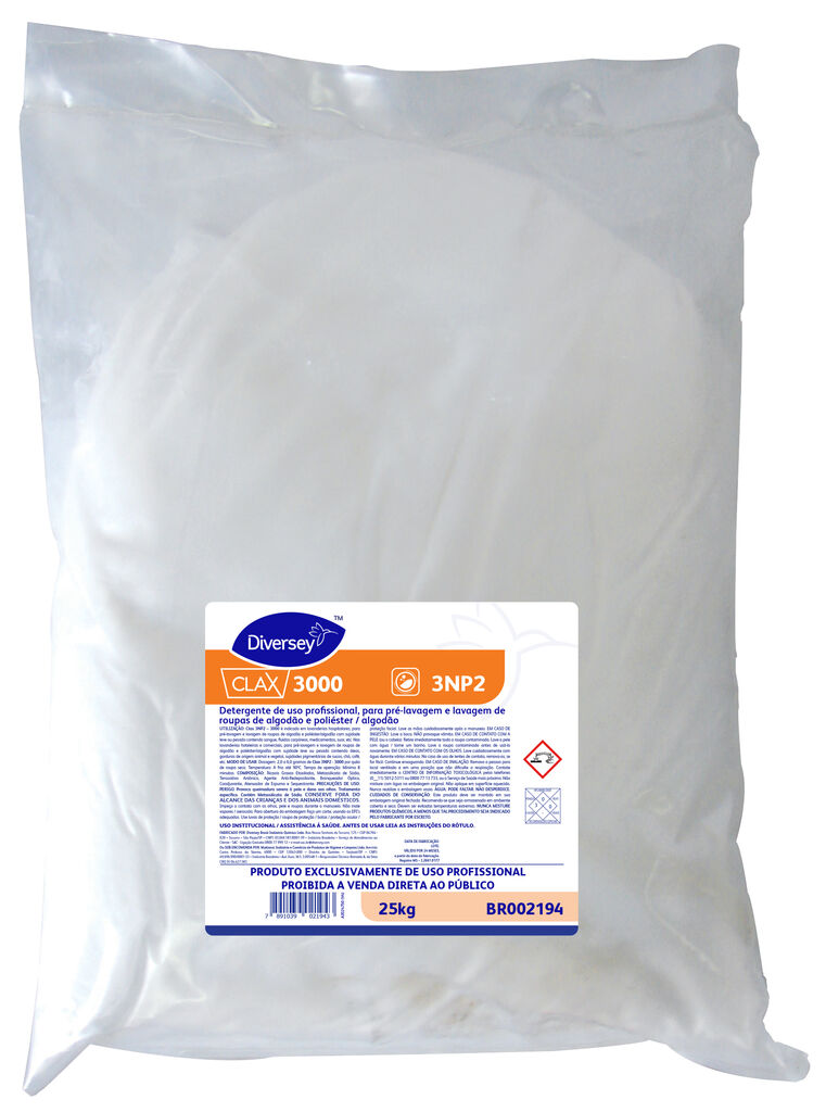 CLAX 3000 25kg - DETERGENTE DE USO PROFISSIONAL, PARA PRÉ-LAVAGEM E LAVAGEM DE ROUPAS DE ALGODÃO E POLIÉSTER / ALGODÃO
